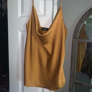 Mustard Satin Material Cowlneck Tank Top